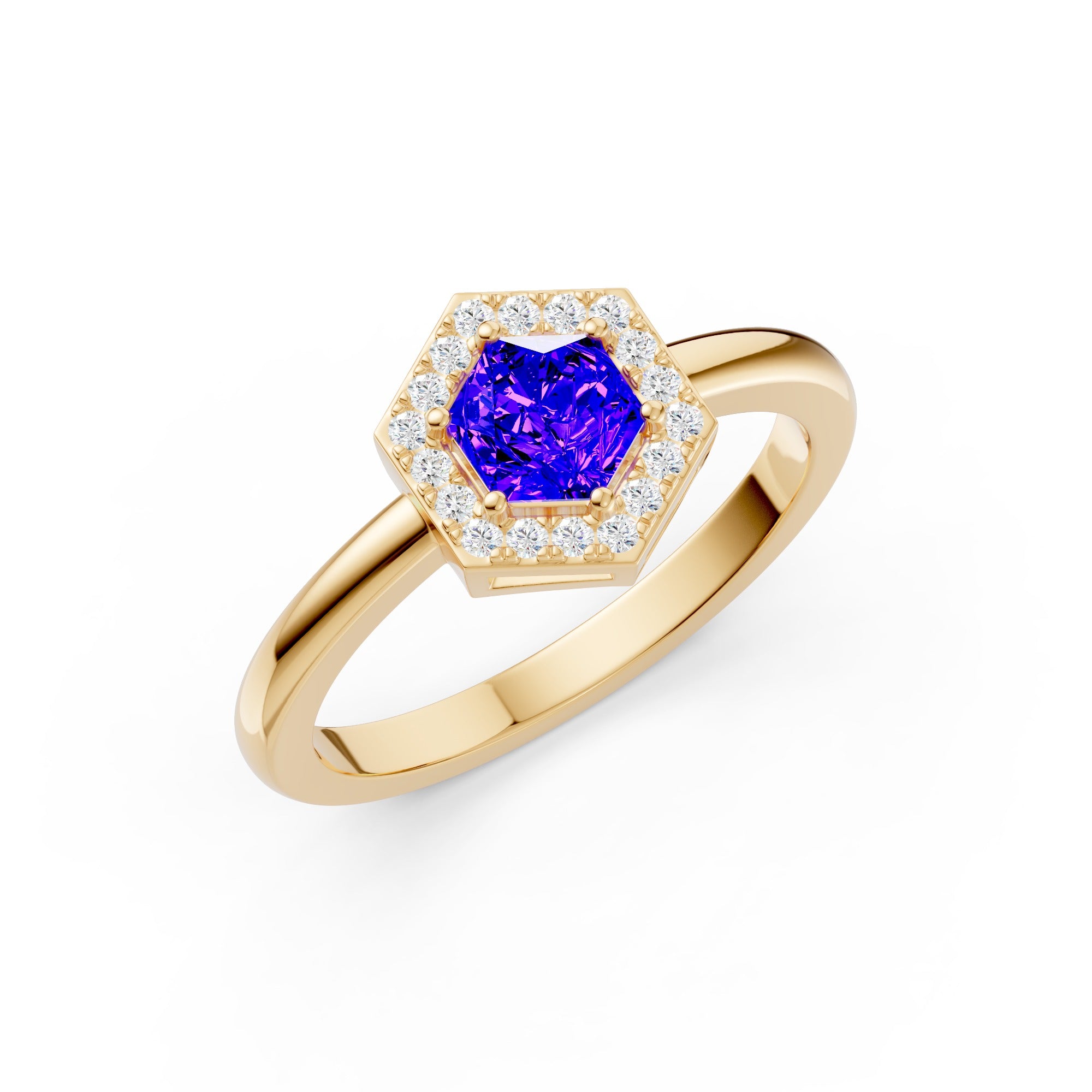 Twilight Hexa Halo Gemstone Diamond Ring