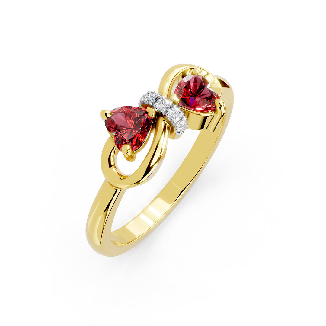 Dual Heart Bow Gemstone Diamond Ring