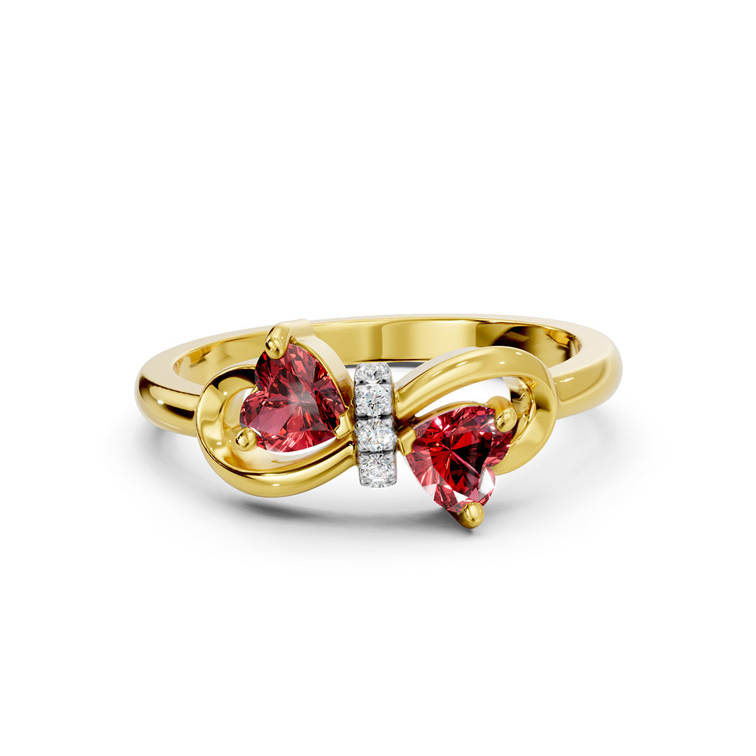 Dual Heart Bow Gemstone Diamond Ring