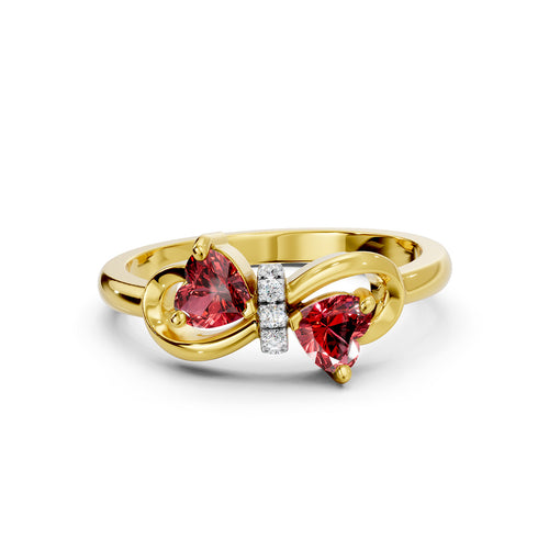 Dual Heart Bow Gemstone Diamond Ring