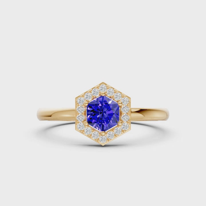 Twilight Hexa Halo Gemstone Diamond Ring