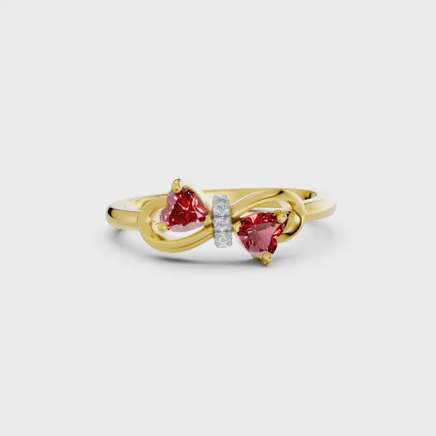 Dual Heart Bow Gemstone Diamond Ring